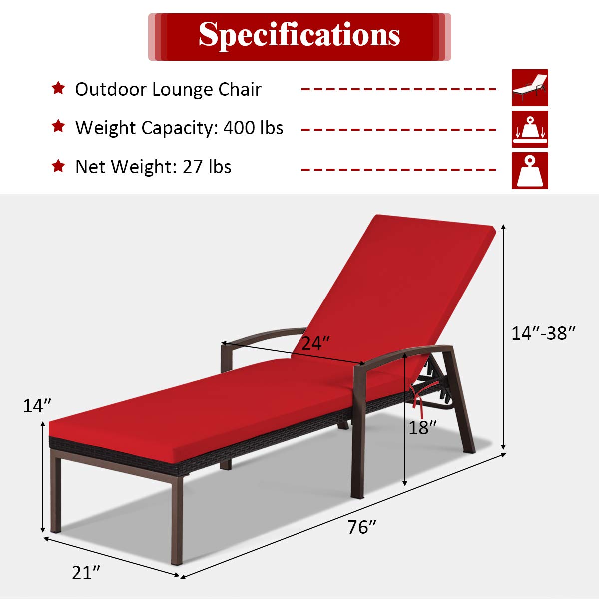 Patio Rattan Lounge Chair, Outdoor Reclining Chaise Louge with Cushion and Armrest