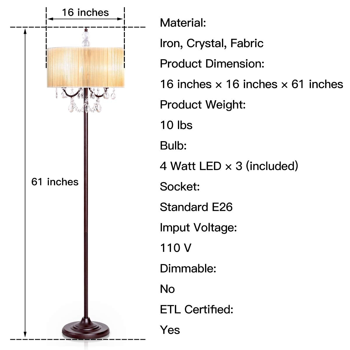 Tangkula Crystal Floor Lamp Sheer Shade Elegant Design Floor Light