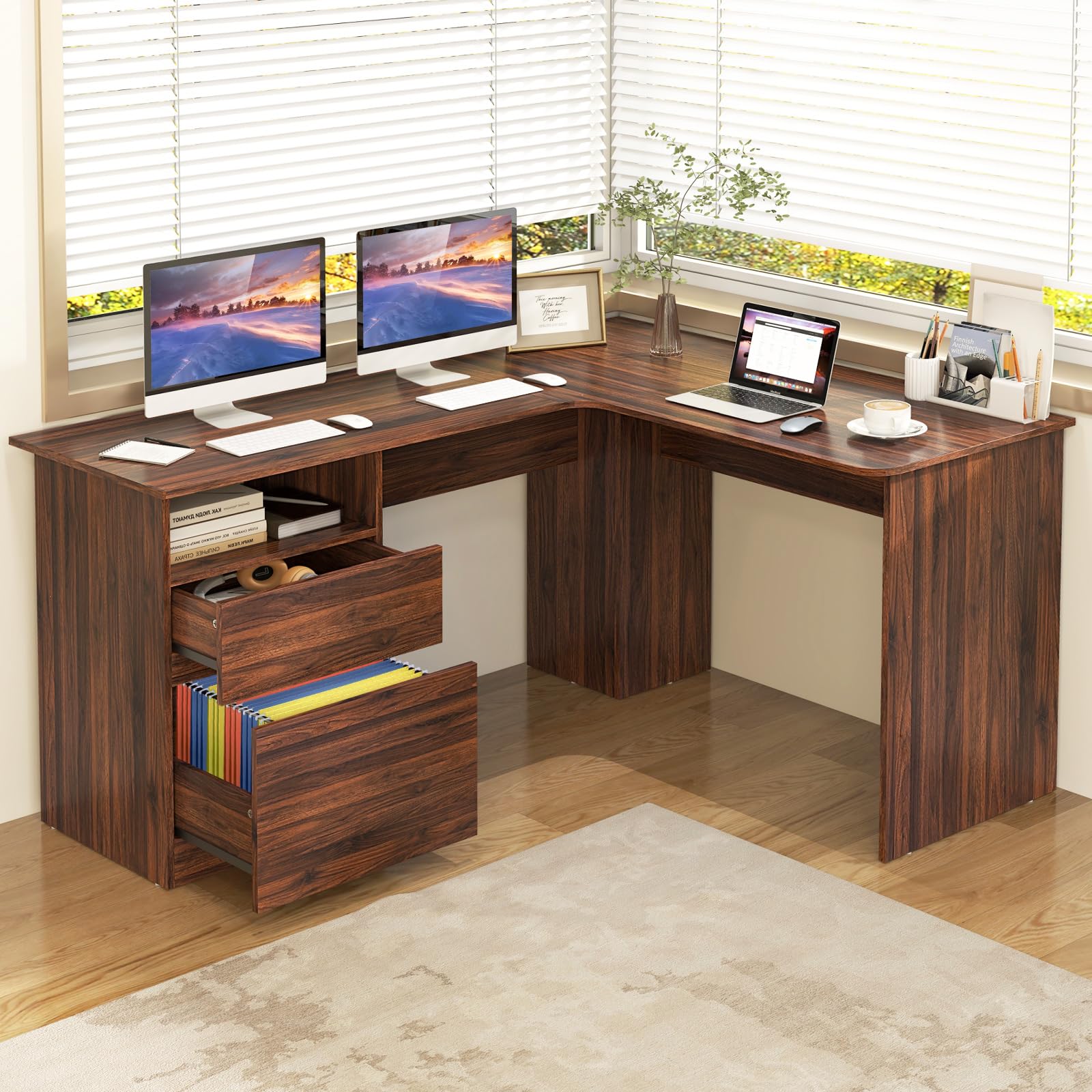 Tangkula L-Shaped Desk with 2 Storage Drawers, 59” Corner Computer Desk with File Drawer & Open Shelf