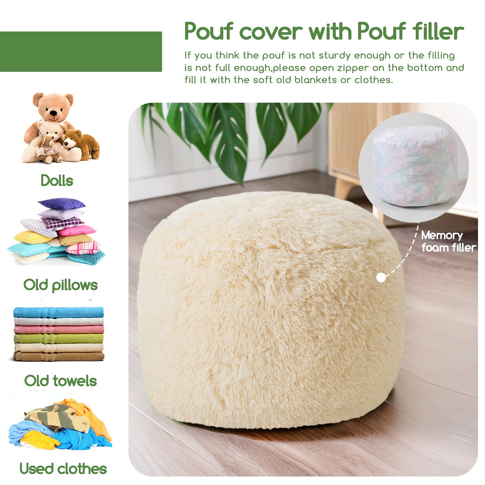 MAXYOYO Round Stuffed Pouf Ottoman, Long Faux Fur Poufs with Foam Chunk Filling, Beige