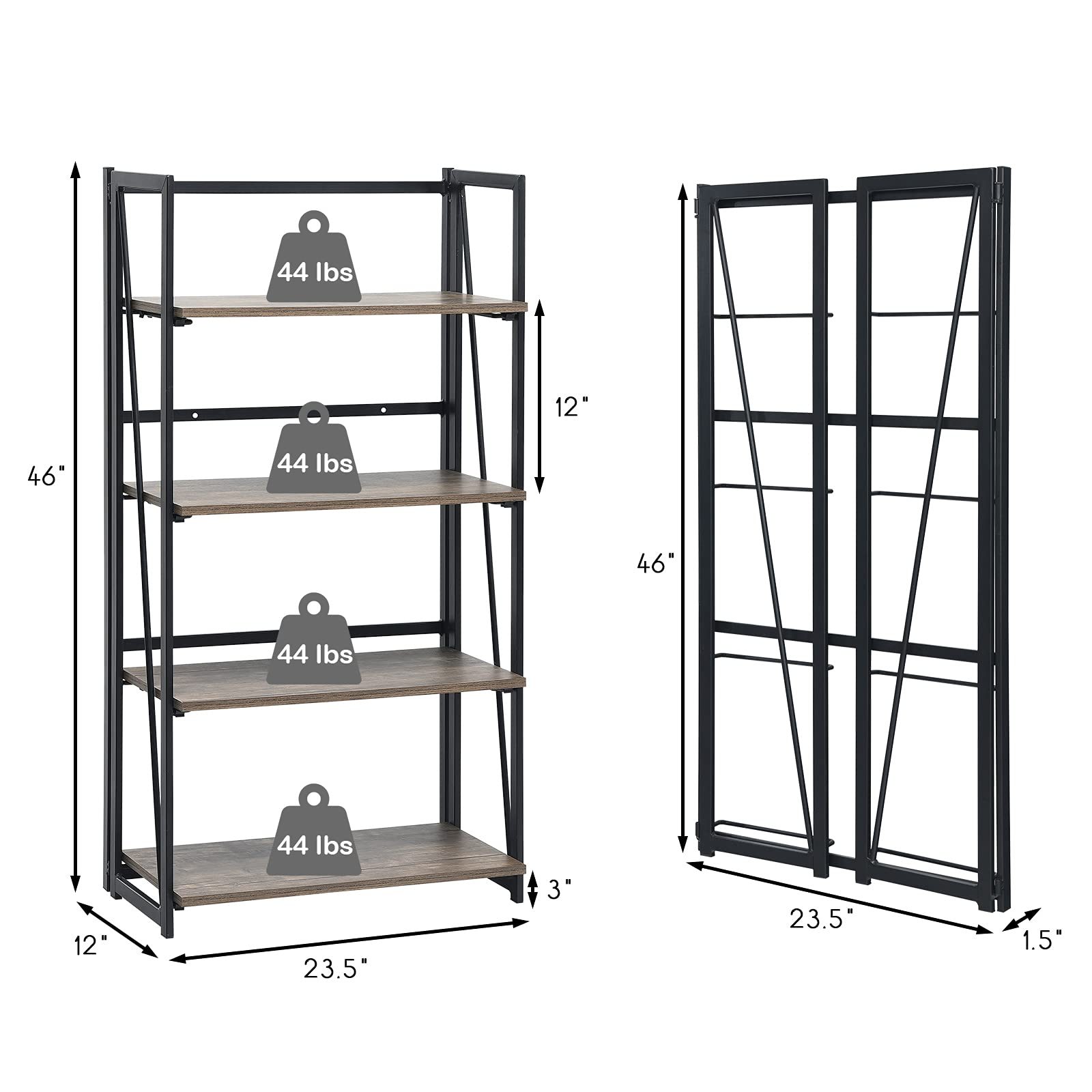 Tangkula 4-Tier Folding Bookshelf, No-Assembly Industrial Bookcase with Sturdy Iron Frame