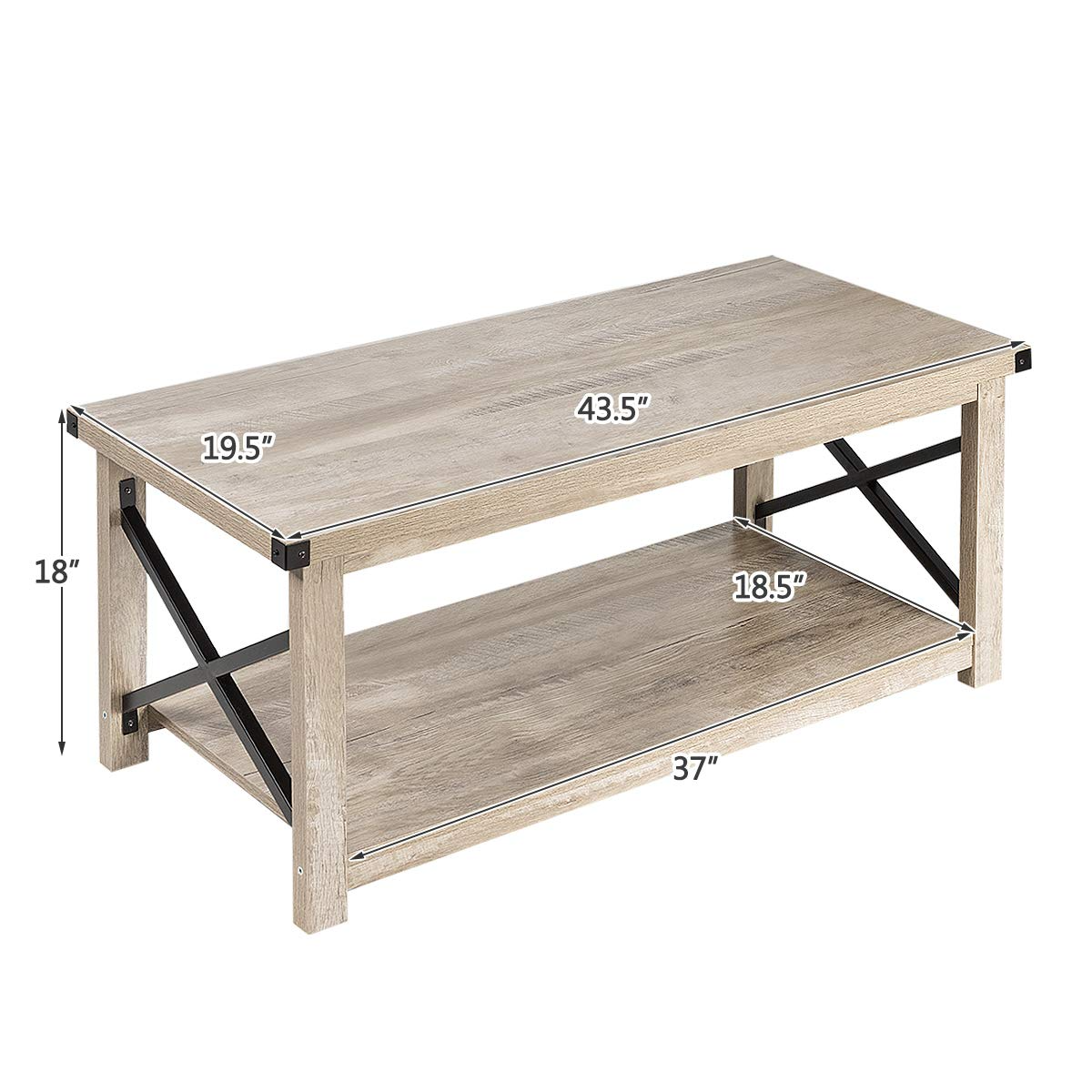 Tangkula Rustic Coffee Table, Farmhouse Accent Cocktail Table w/2 Tier Storage Shelf, Wide Tabletop & X Metal Frame