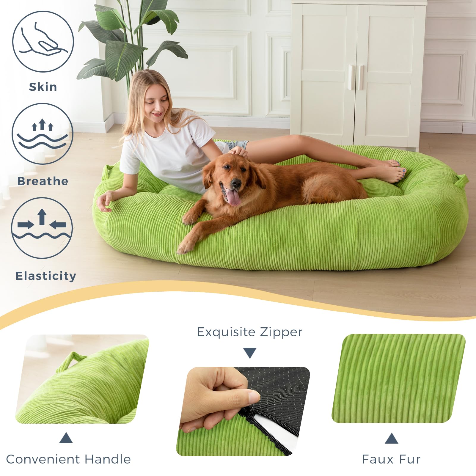 MAXYOYO Human Dog Bed, Corduroy Giant Bean Bag Dog Bed for Humans and Pets, Green