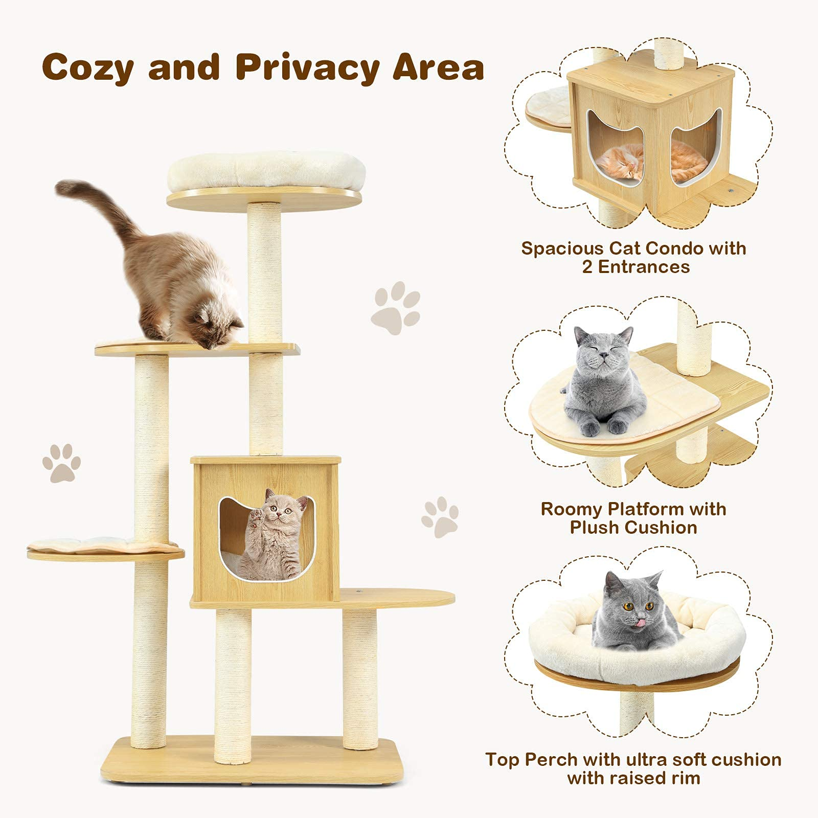 Tangkula Modern Wood Cat Tree, 53 Inches Cat Tower with Platform