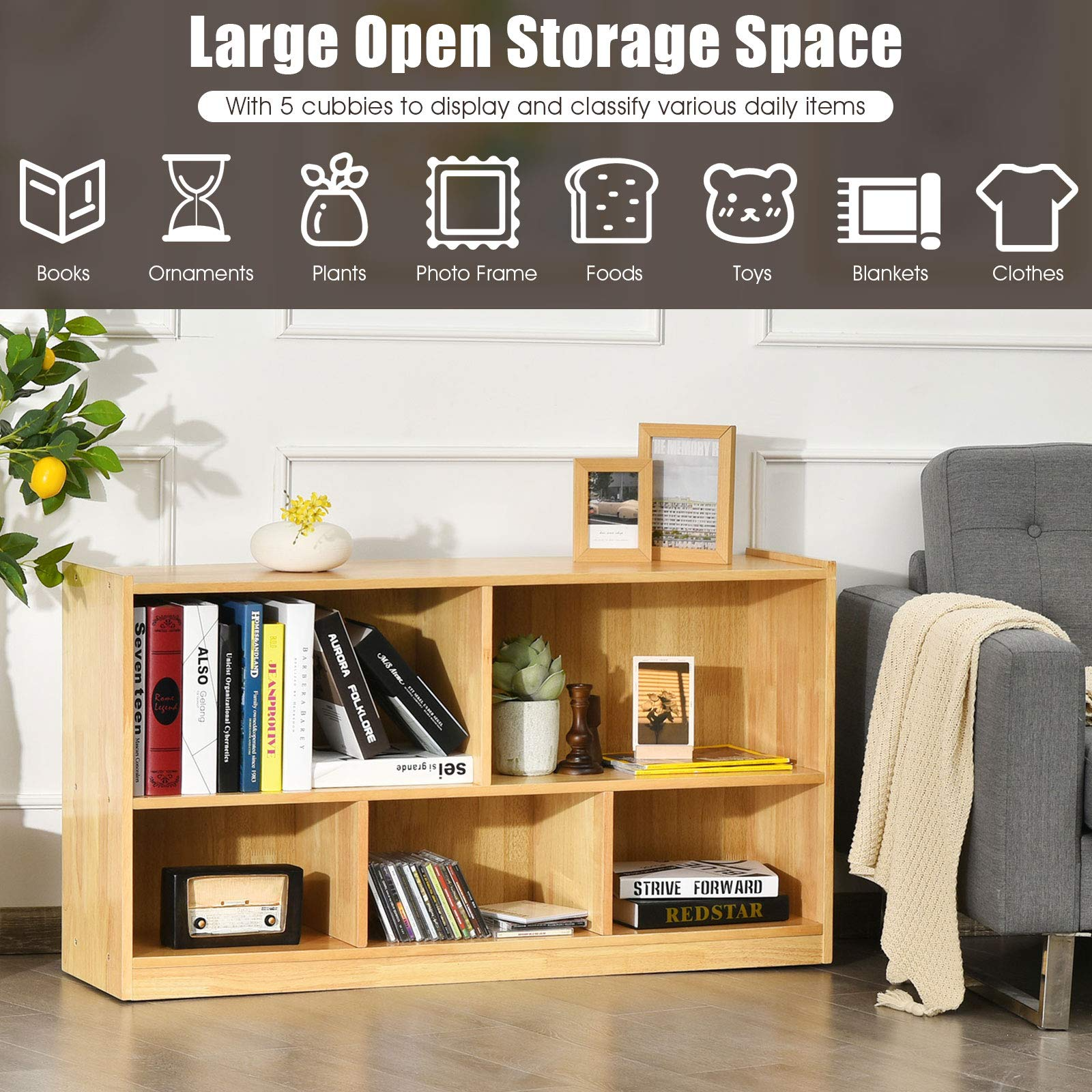 Tangkula Wood Storage Cube Bookcase, 2 Tier 5 Cube Open Shelf Storage Cabinet, Multipurpose Bookshelf