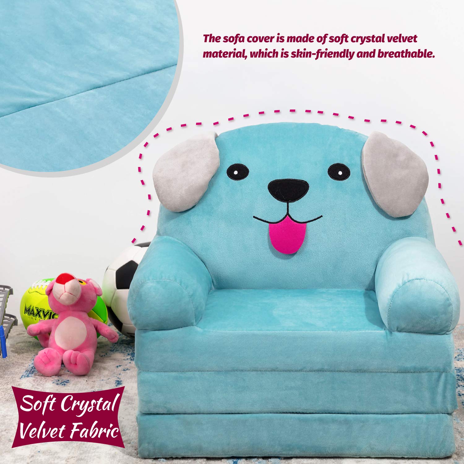 MAXYOYO Cartoon Foldable Kids Sofa, Plush Dog Shape Children Armchair