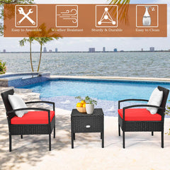 3 Pieces Patio Wicker Conversation Set, Outdoor Rattan Furniture with Washable Thick Cushion & Coffee Table