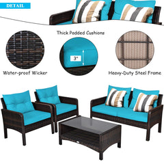 4 Piece Patio Furniture Set, Outdoor Wicker Conversation Set with Glass Top Coffee Table