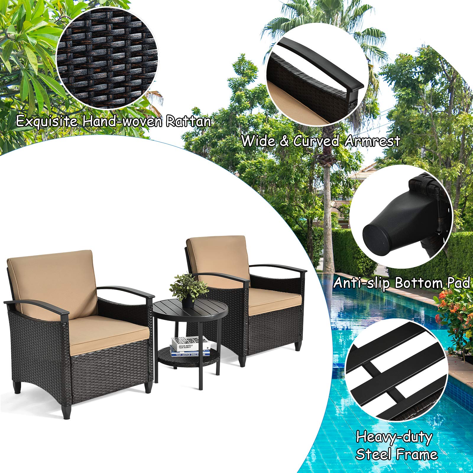 3 Piece Rattan Sofa Set, Patio Conversation Bistro Set w/Coffee Table