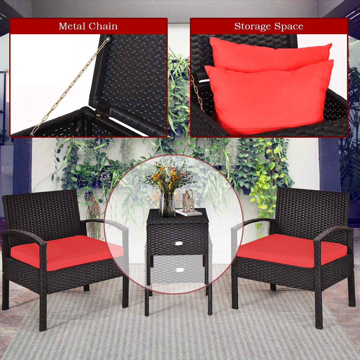 3 Pieces Patio Wicker Conversation Set, Outdoor Rattan Furniture with Washable Thick Cushion & Coffee Table