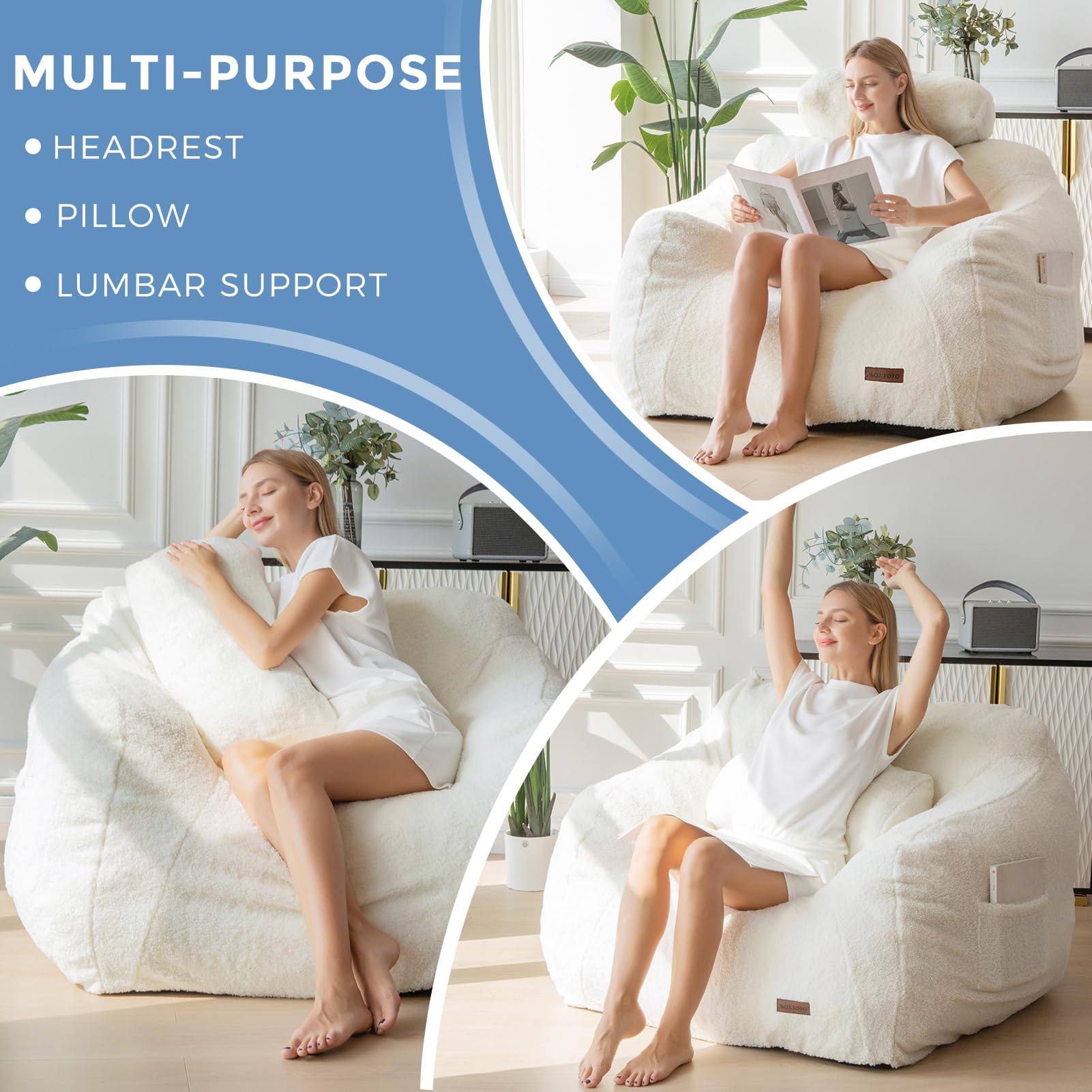 MAXYOYO Giant Bean Bag Chair with Pillow, Fuzzy Comfy Large Bean Bag Chair Couch for Reading and Gaming, Beige