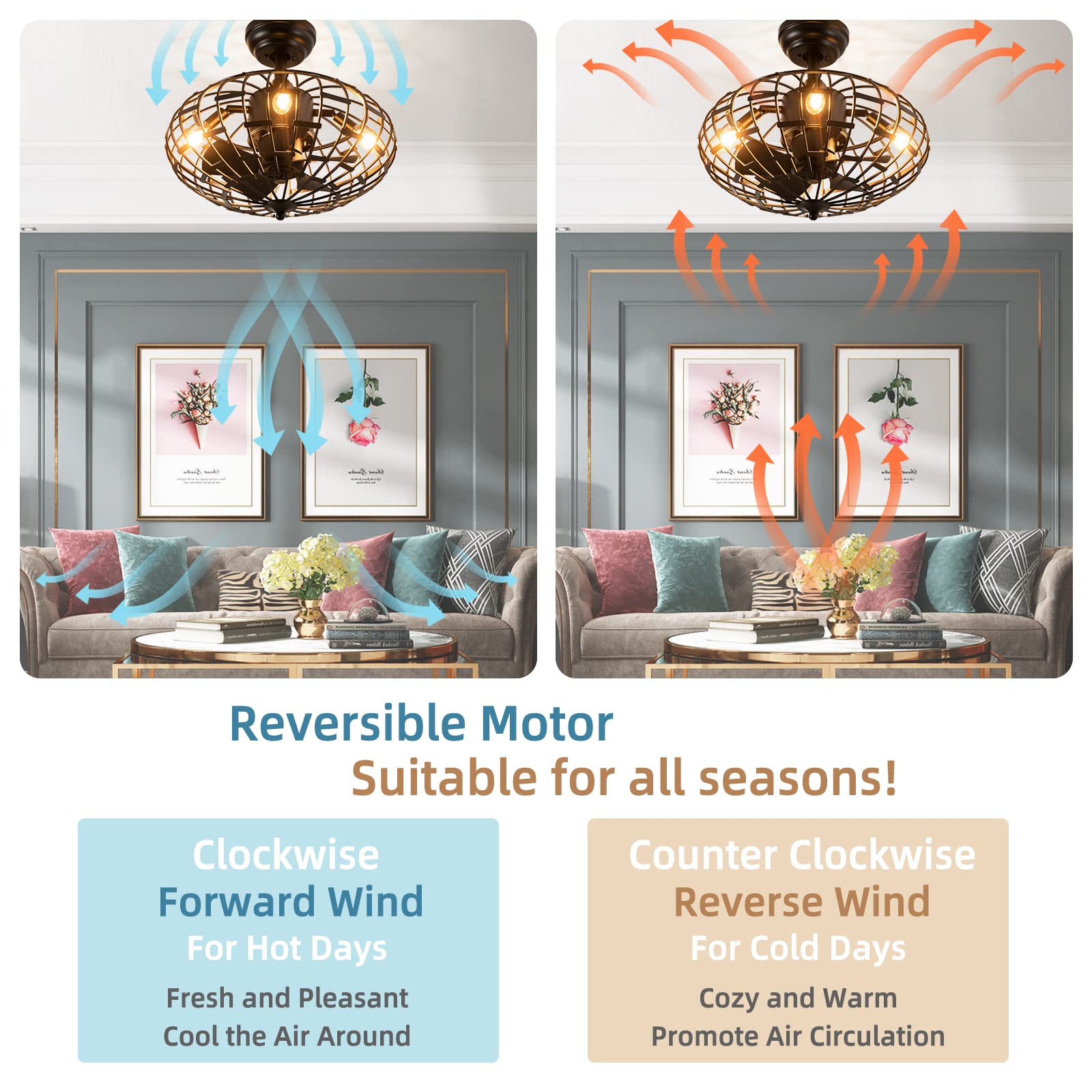 Tangkula Caged Ceiling Fan with Light, Enclosed Ceiling Fan with 5 Blades, 3 Wind Speed, Remote Control, 4 x E12 Base (No Bulb)