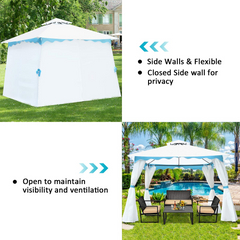 Tangkula 10 x 10 ft Patio Steel Gazebo, Outdoor Canopy Gazebo with Side Walls, Zippers, 2 Tier Vented Roof, Blue Trimming