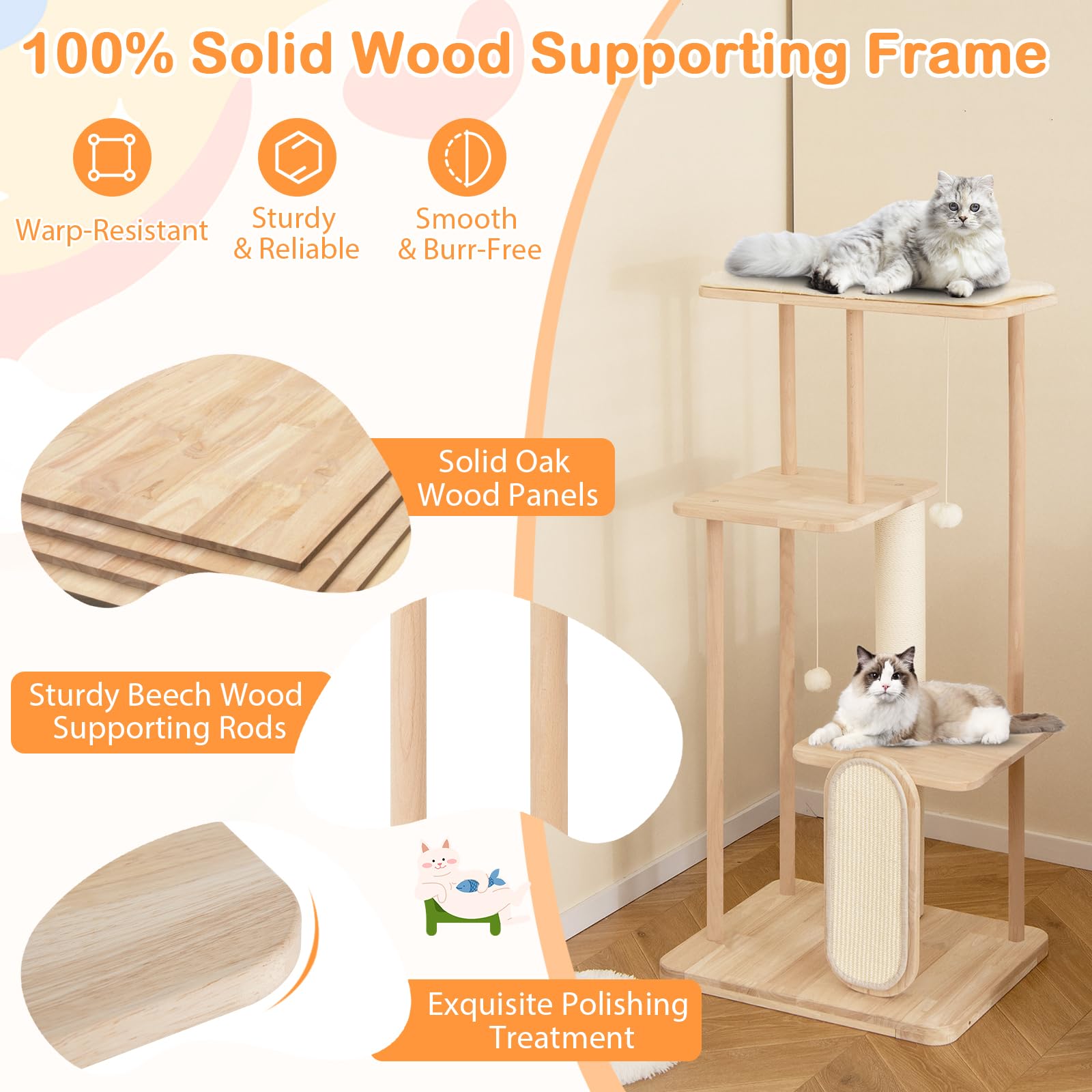 Tangkula Wooden Cat Tree, 50 Inch Tall Cat Tower with Solid Oak & Beech Wood Frame, Scratching Posts & Board