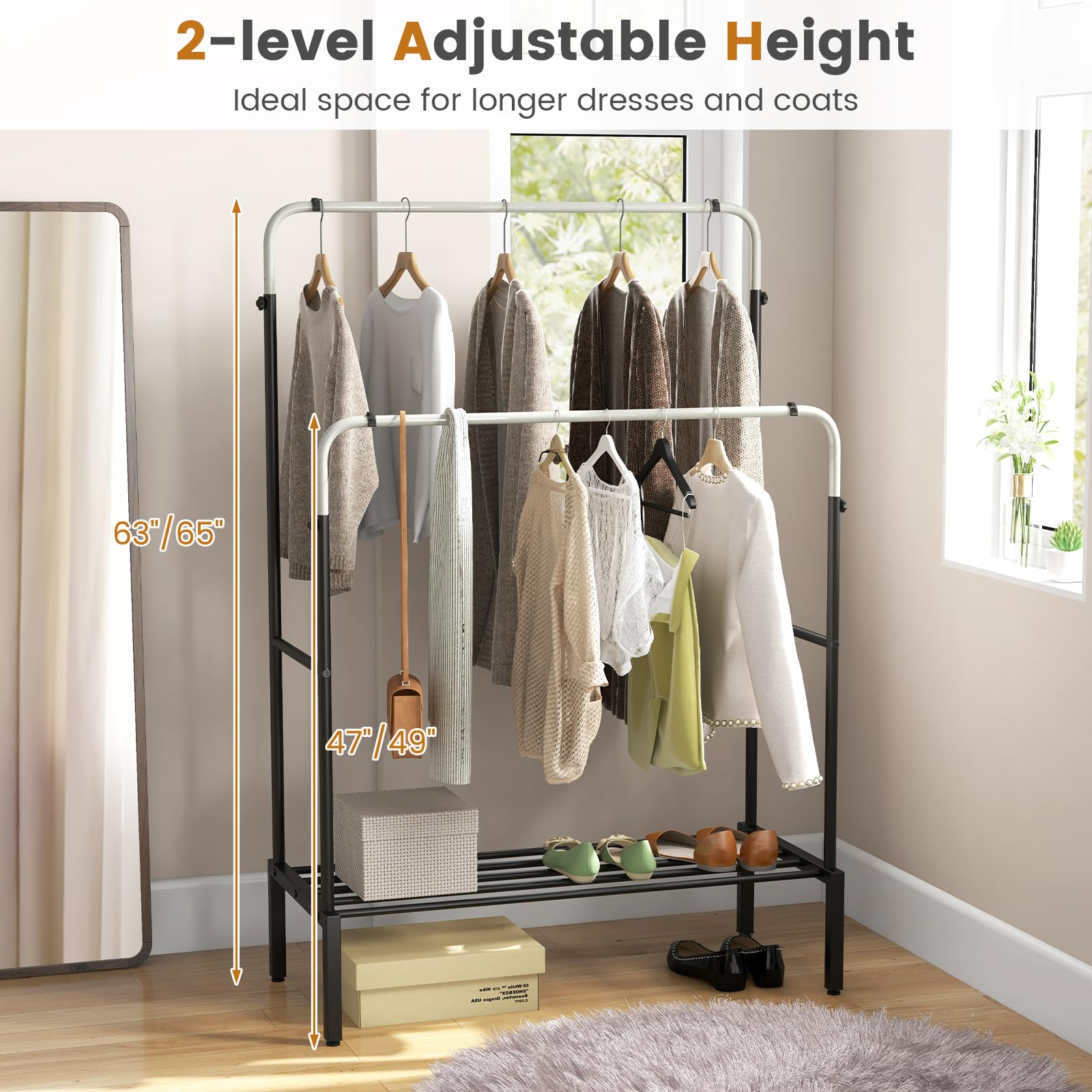 Tangkula Double Rod Clothes Garment Rack with Adjustable Heights (Black & Silver)