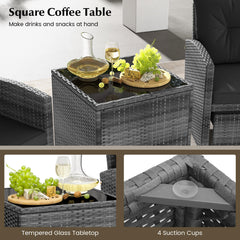 Tangkula 5 Piece Patio Rattan Furniture, Wicker Cushioned Chairs Set w/ 2 Ottomans & Tempered Glass Coffee Table