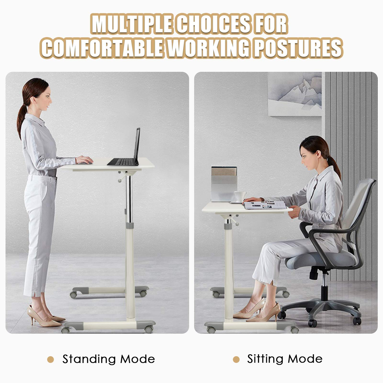 Tangkula Mobile Computer Desk with Steel Frame, Small Height Adjustable Rolling Compact Stand Up Desk on Wheels