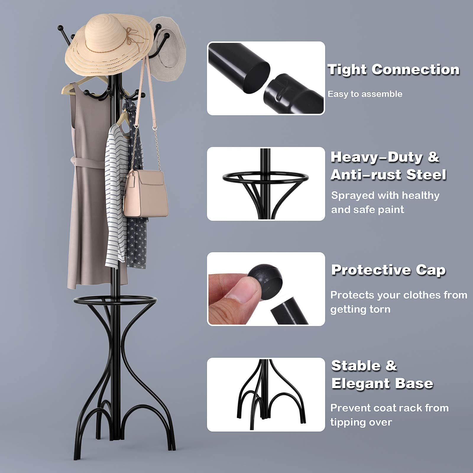 Coat Rack Metal Frame Study Portable Free Standing Entryway Hat Coat Jacket Umbrella Holder