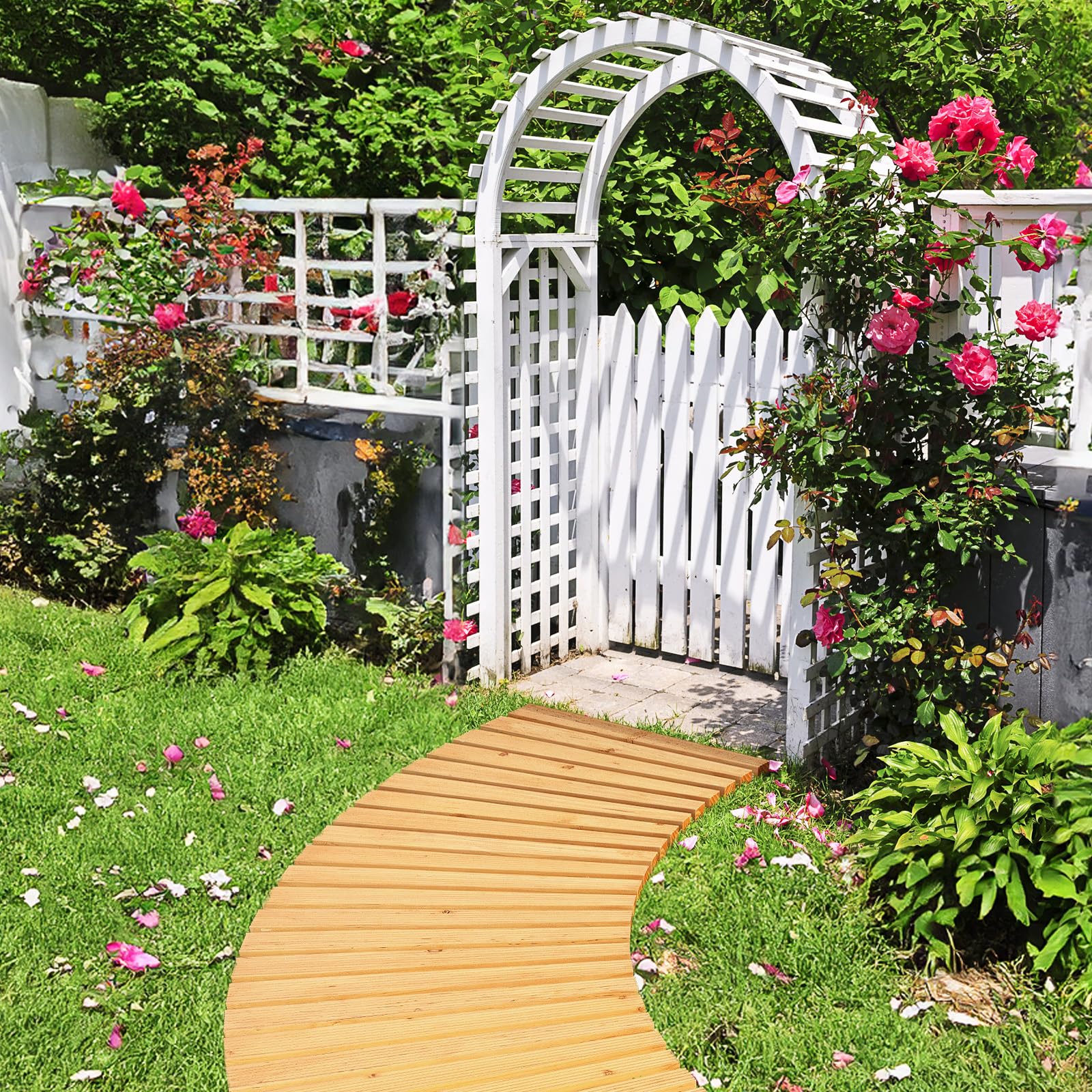 Tangkula Roll-Out Garden Pathway, 7 FT Wooden Garden Pathway w/Non-Slip Surface, Metal Wires with Plastic Sheath