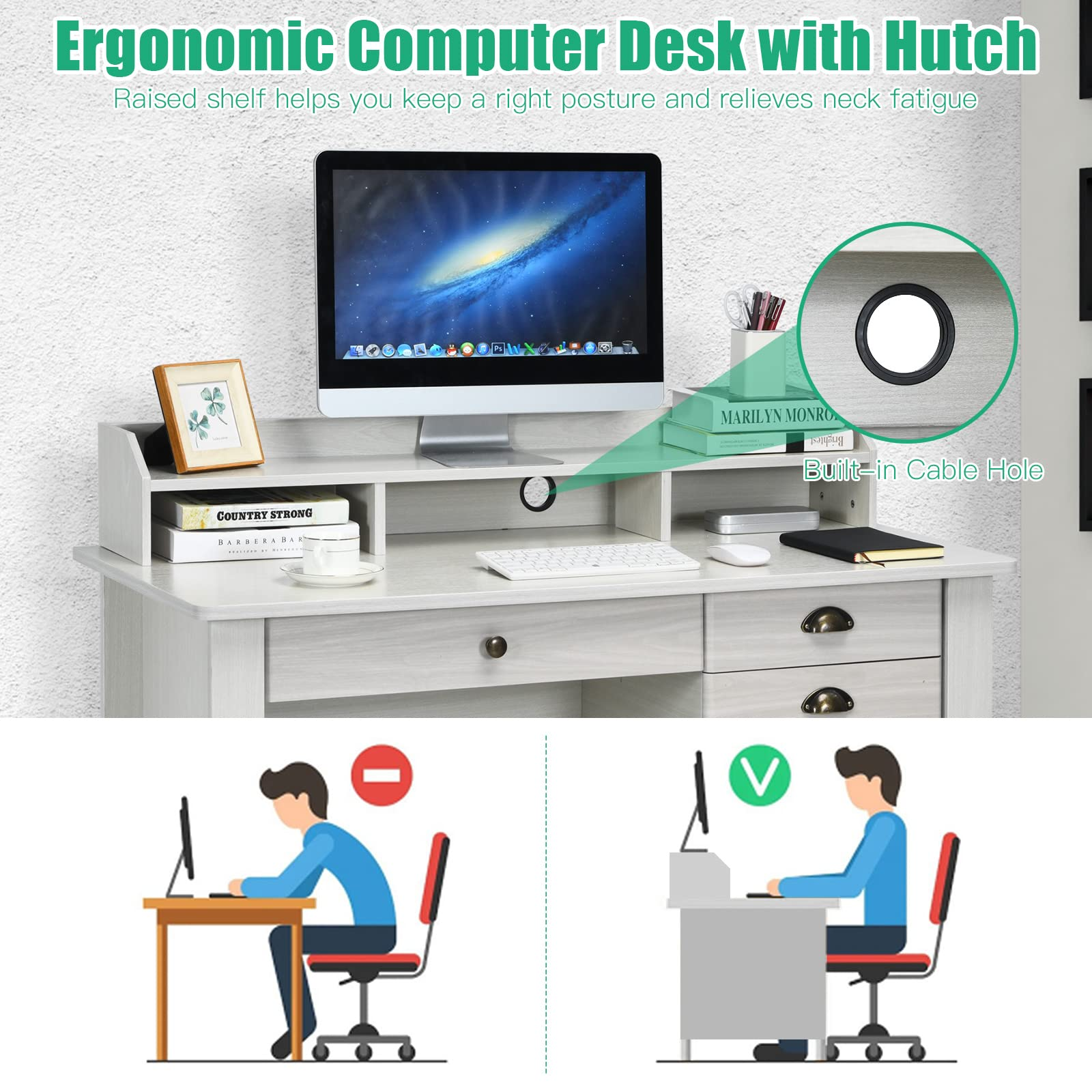 Tangkula White Computer Desk with 4 Storage Drawers & Hutch