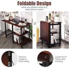 Tangkula Mobile Folding Computer Desk, Modern Writing Desk w/ 2-Tier Storage Shelves