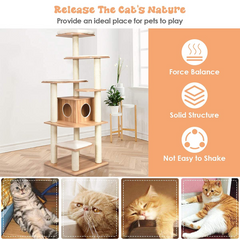 Tangkula Modern Wood Cat Tree, 69-Inch Cat Tower with Multi-Layer Platform, Cat Activity Tree with Sisal Rope Scratching Posts