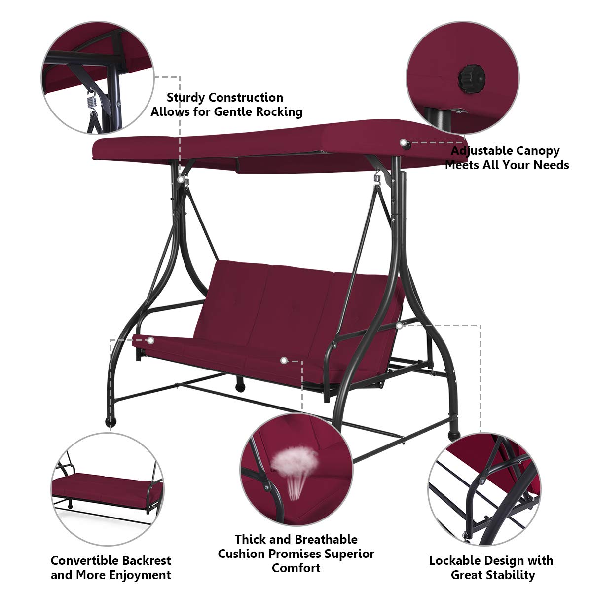 Tangkula 3 Seats Converting Patio Swing