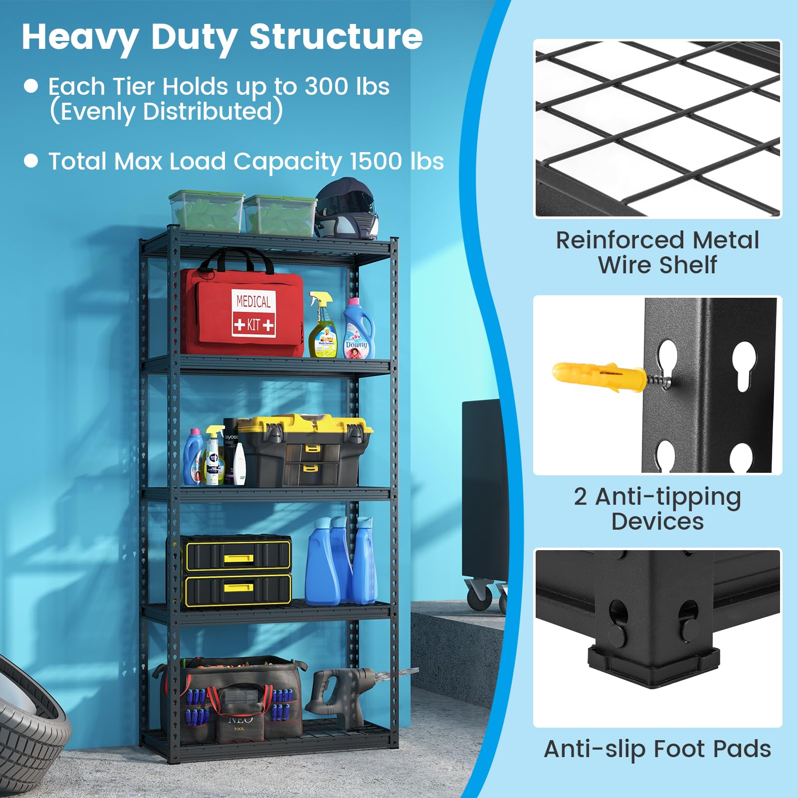 Tangkula 5-Tier Garage Storage Shelves, Heavy Duty Metal Storage Shelving Unit, 35.5" L x 15.5" W x 72" H