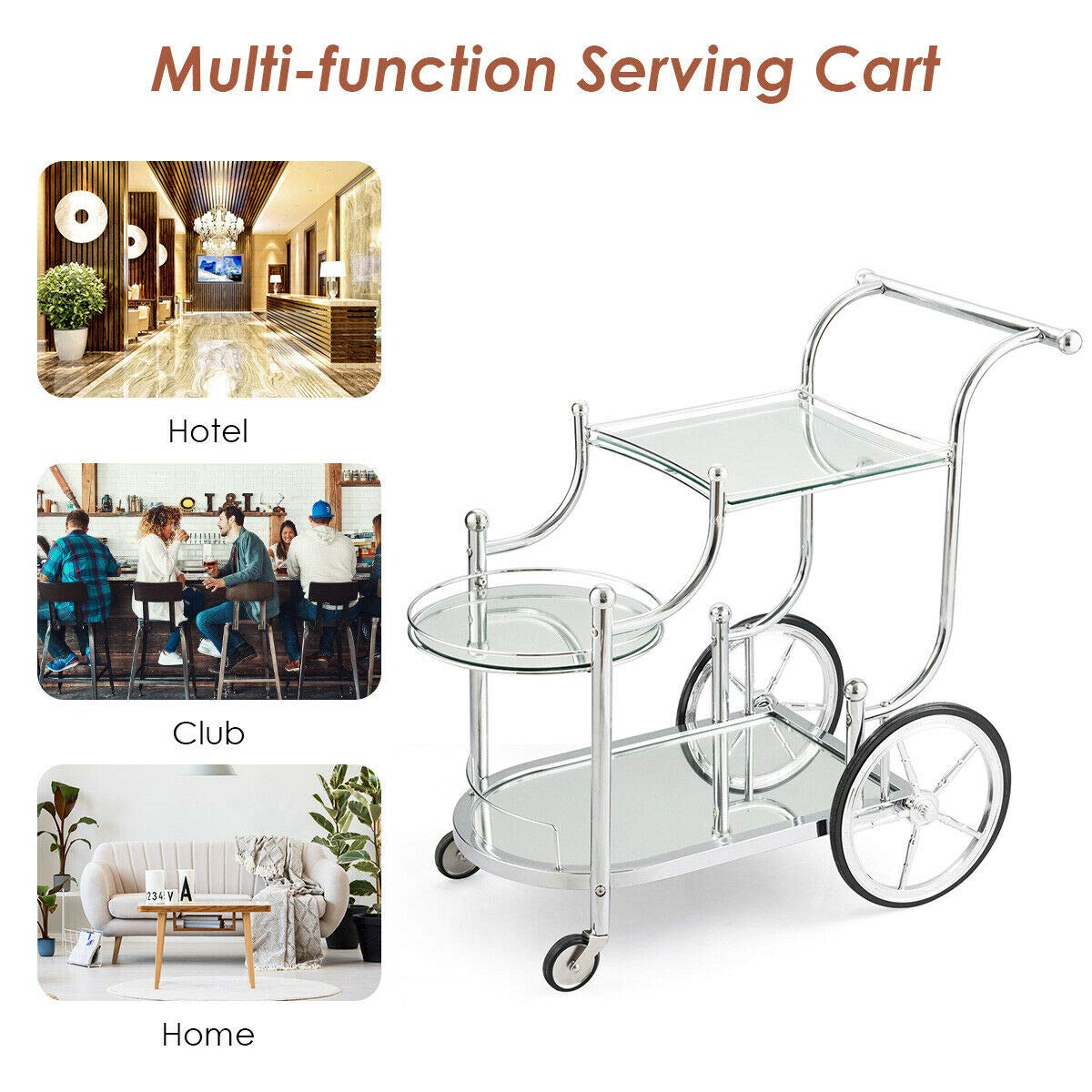 Tangkula Rolling Bar Cart, Metal Serving Cart with Tempered Glass, 3-Tier Glass Bar and Serving Cart