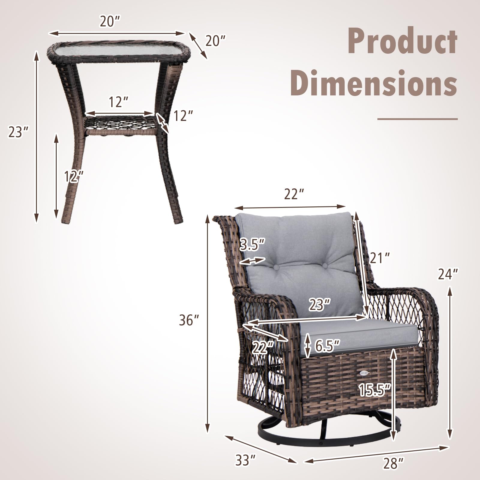 Tangkula 3 Pieces Outdoor Swivel Rocker Set, Rattan Wicker Patio Rocking Cushioned Chairs Set of 2 with Small Side Table