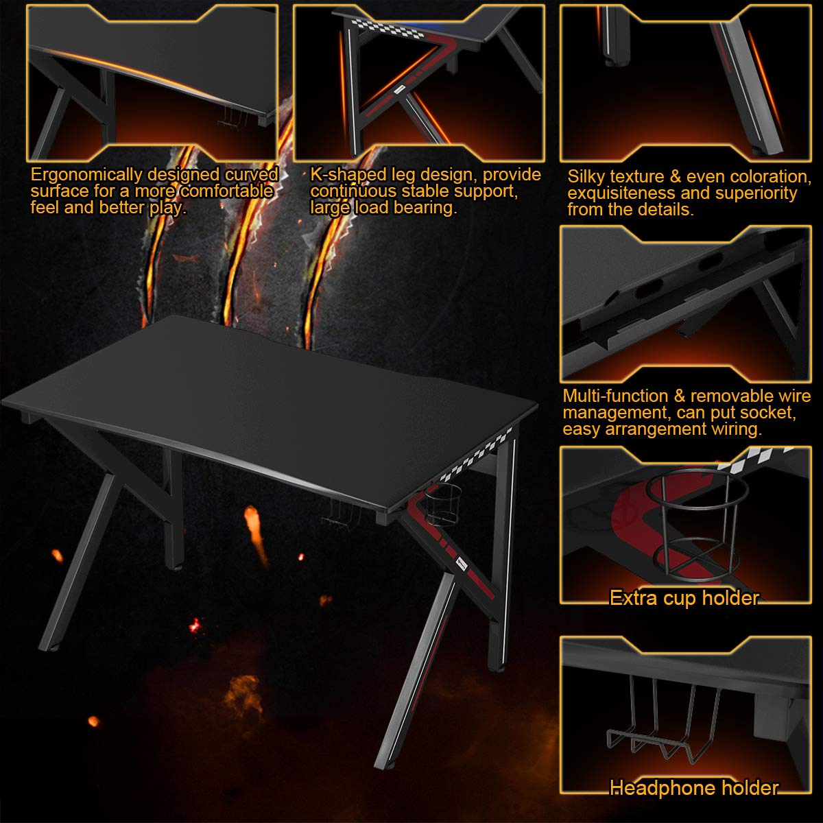 Tangkula Computer Desk Gaming Desk, E-Sports Gaming Workstation with Cup Holder & Headphone Holder