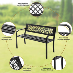 Outdoor Garden Bench Park Bench with Steel Frame & PVC Backrest, Park Bench with Large Seat for 2-3 People