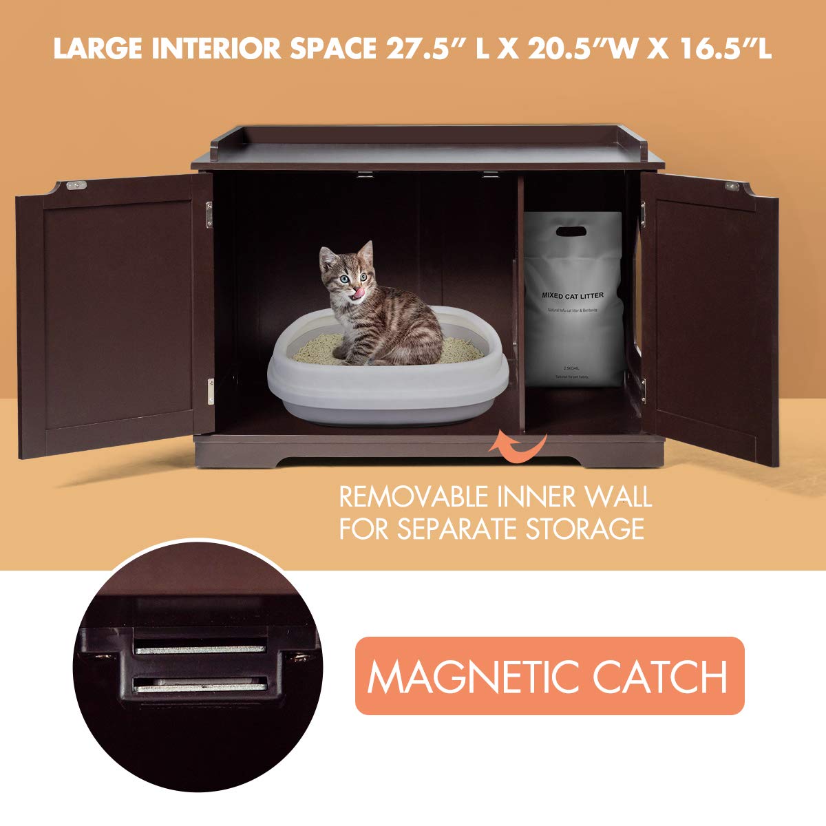 Tangkula Litter Box Enclosure, Cat Litter Box Furniture Hidden, Nightstand Pet House with Double Doors