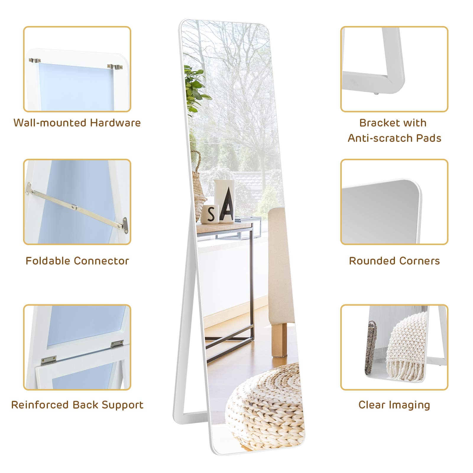 Tangkula Full Length Floor Mirror with Stand, Free Standing or Wall Mounted Mirror, Full Body Mirror with Solid Wood Frame