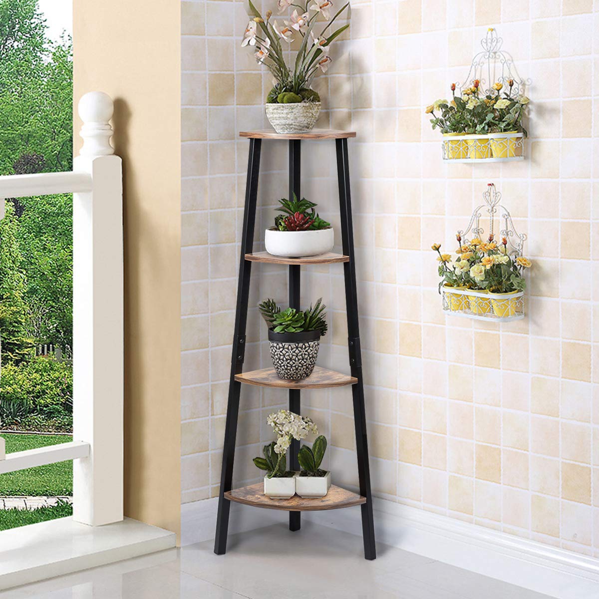 Industrial Corner Shelf, 4-Tier Ladder Bookshelf, Metal Frame Storage Rack