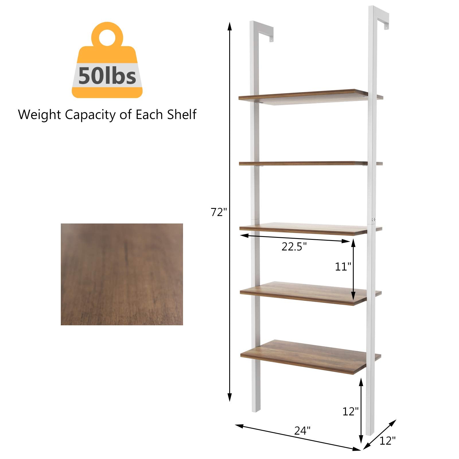 Tangkula Industrial Ladder Shelf Against The Wall, 5-Tier Wall Mount Ladder Bookshelf with Metal Frame