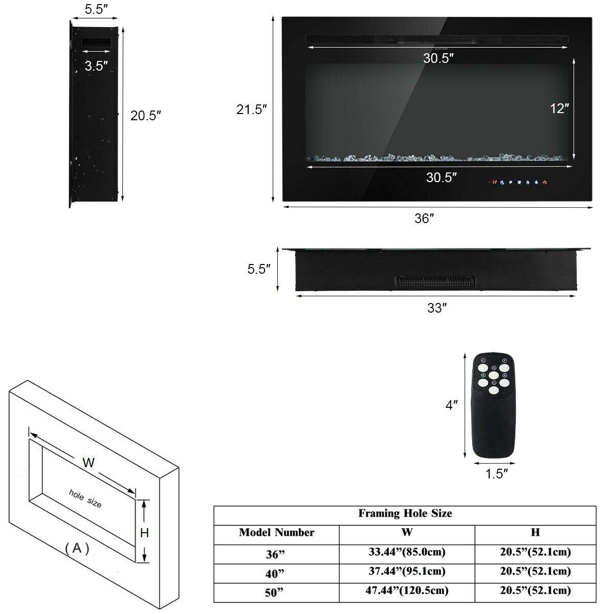 Tangkula Electric Fireplace, in-Wall Recessed and Wall Mounted Fireplace Heater