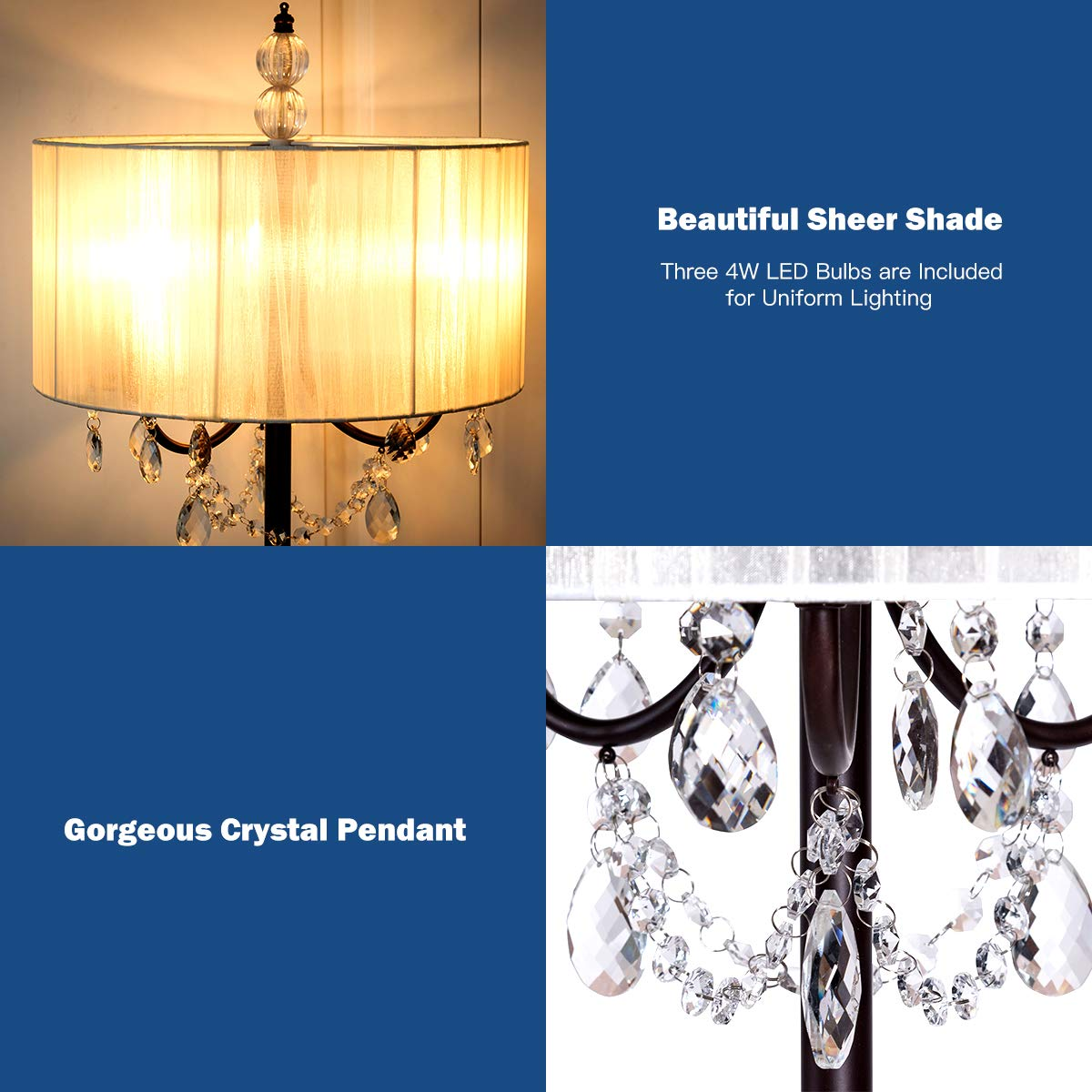 Tangkula Crystal Floor Lamp Sheer Shade Elegant Design Floor Light