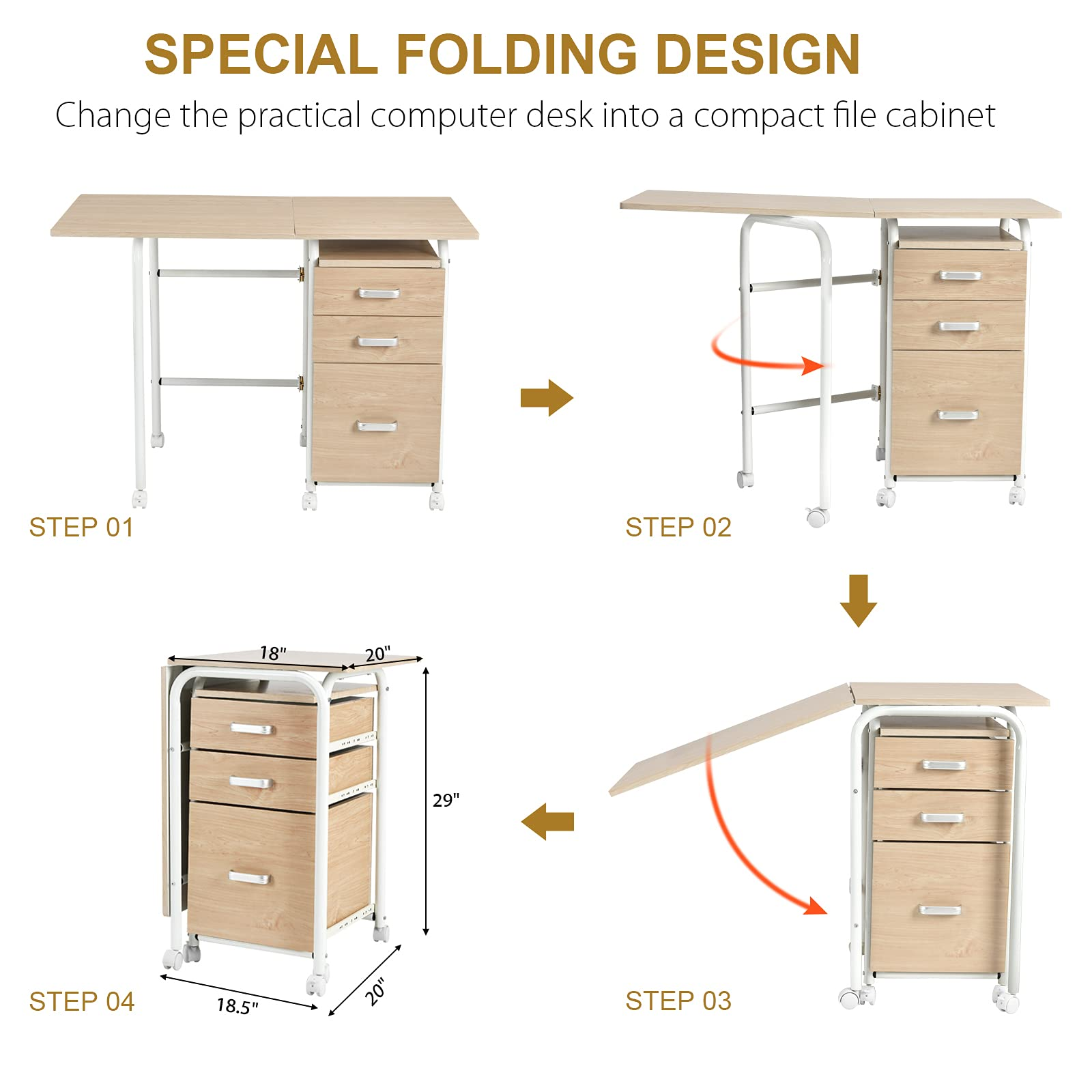 Tangkula Folding Computer Desk with 3 Storage Drawers, Mobile Home Office Desk Study Writing Desk