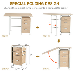 Tangkula Folding Computer Desk with 3 Storage Drawers, Mobile Home Office Desk Study Writing Desk