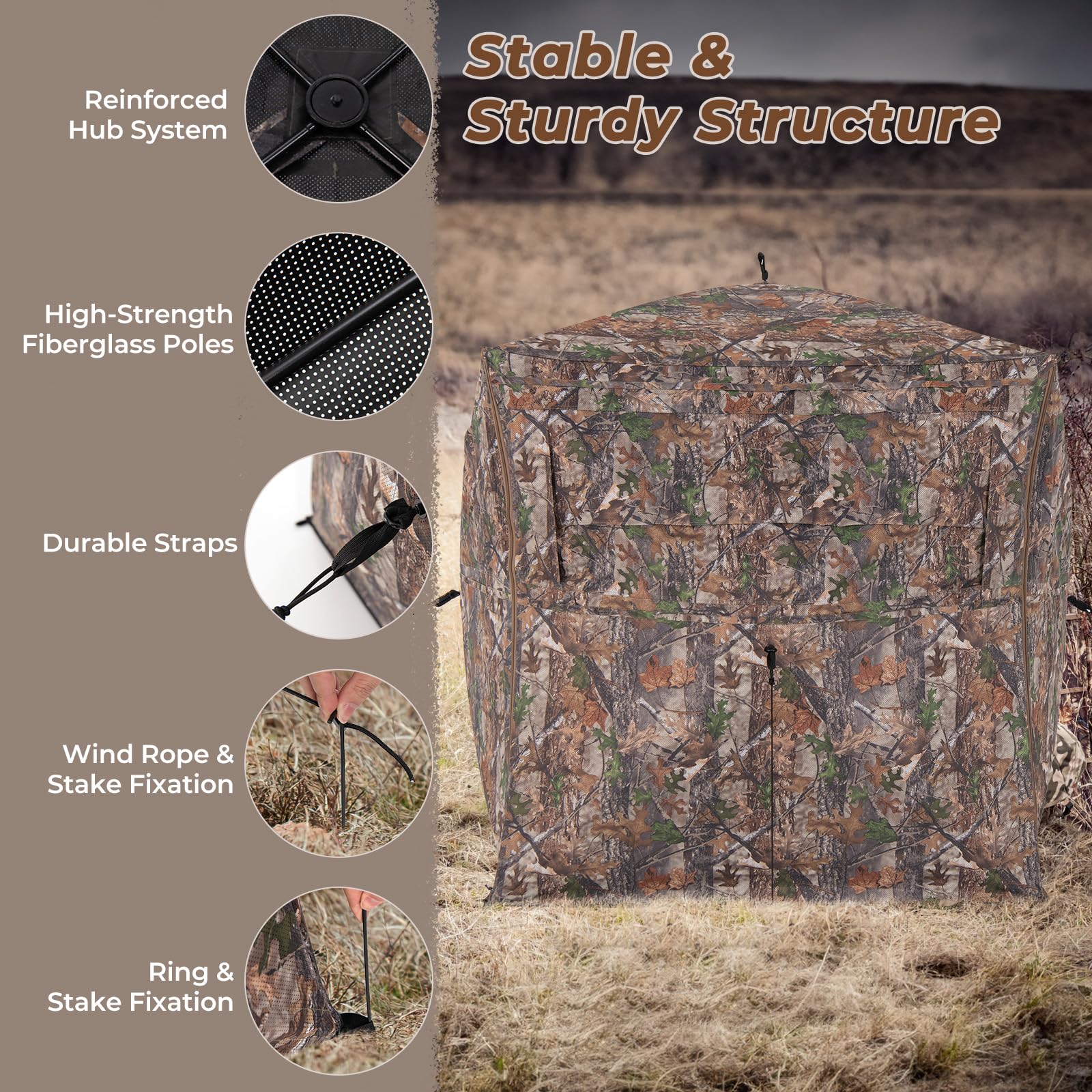 Tangkula Hunting Blind, 2-3 Person 360 Degree One-Way See-Through Ground Blind with Full-Open Door & Sliding Windows