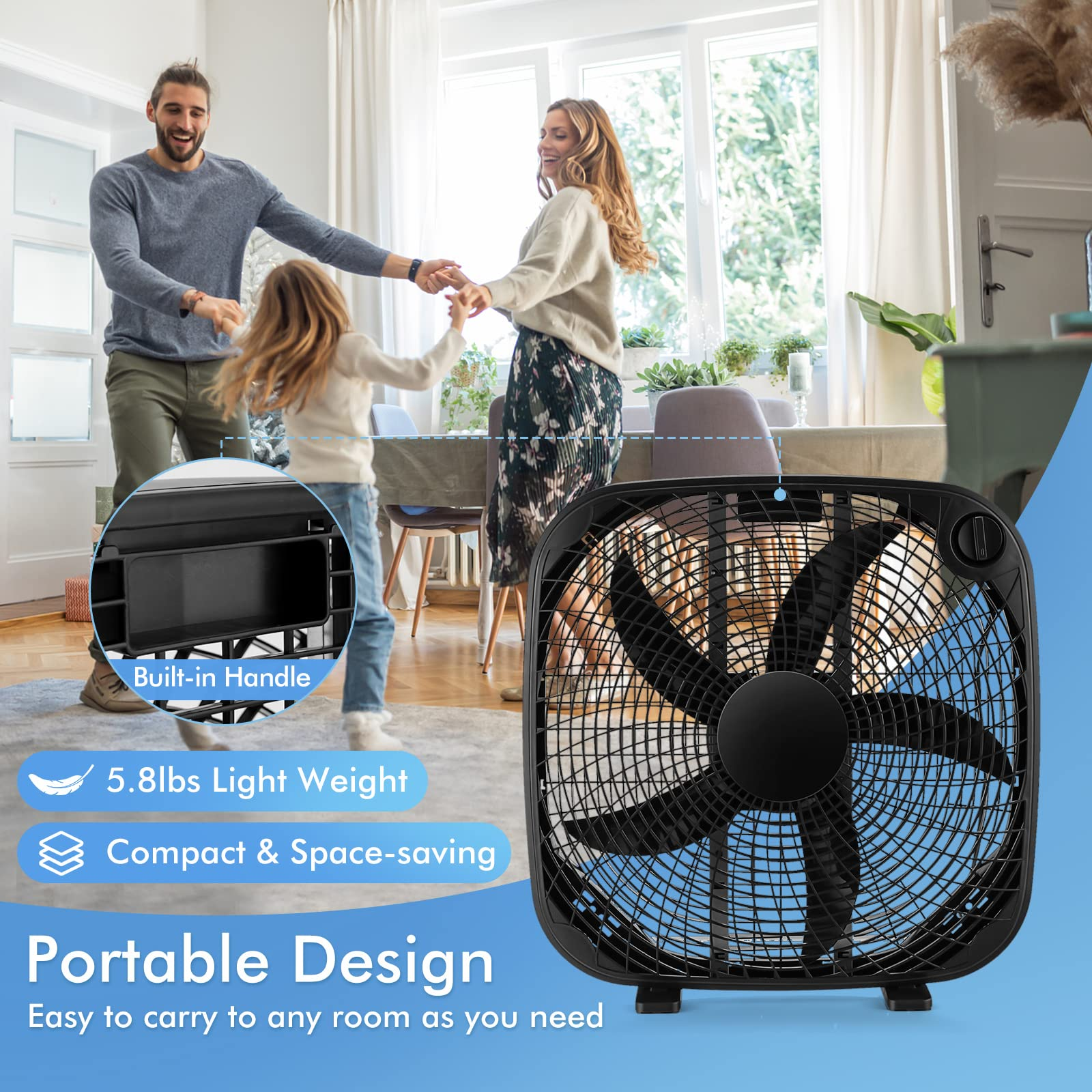 3-Speed Box Fan, 20 inch Floor Fan for Full-Force Circulation with Air Conditioner