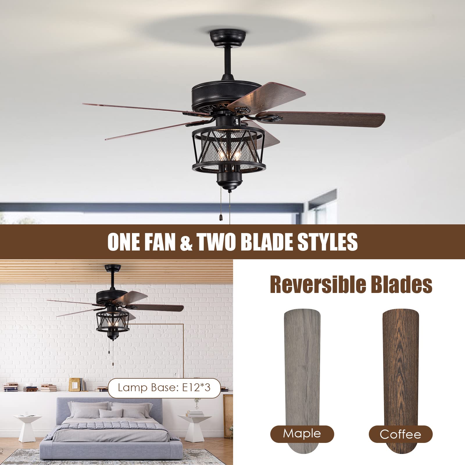 50-Inch Ceiling Fan with Lights, 3-Speed Adjustable (Coffee)