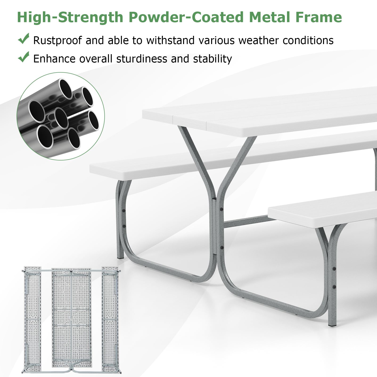 Tangkula 6 Ft Picnic Table, Outdoor Picnic Table with 2 Built-in Benches, Umbrella Hole, Metal Frame & HDPE Tabletop