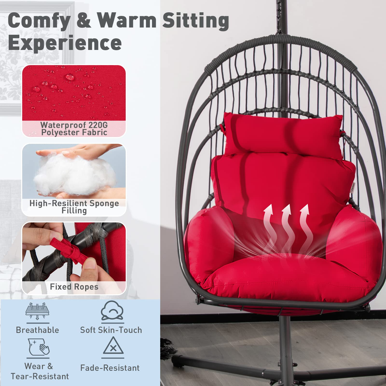 Tangkula Patio Egg Chair with Stand, Hanging Egg Swing Chair with Removable Pillow & Cushion