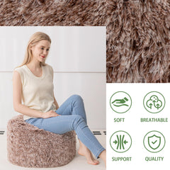 MAXYOYO Round Stuffed Pouf Ottoman, Long Faux Fur Poufs with Foam Chunk Filling, Snow Coffee