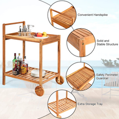 Tangkula Outdoor Acacia Wood Serving Cart, Patio Bar Cart Rolling Trolley Cart with 2 Trays, Portable Kitchen Serving Cart w/Wheels