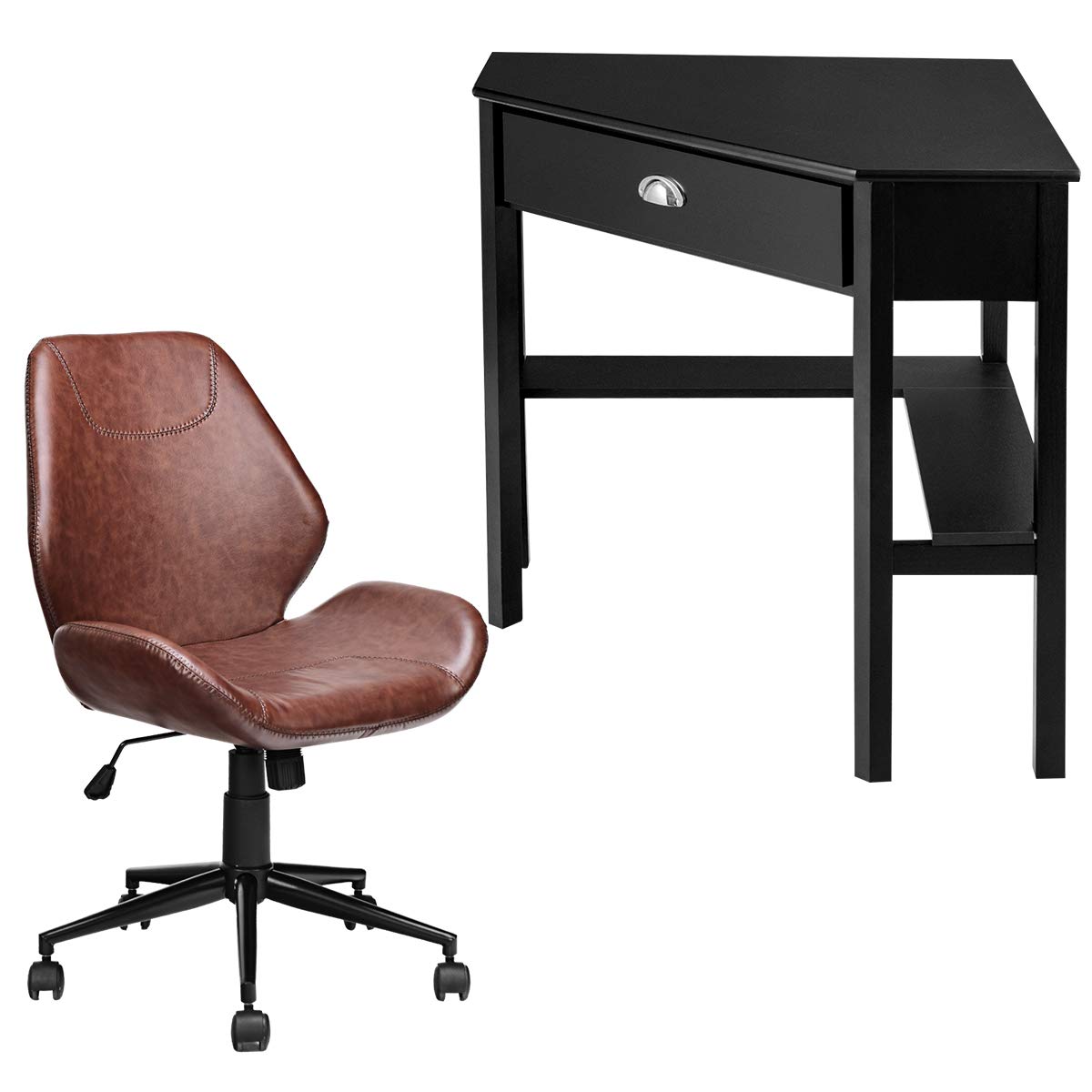 Tangkula 2PS Desk and Chair Set, Corner Desk with Height Adjustable Ergonomic Swivel Chair