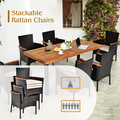 Tangkula 7 Pieces Patio Dining Set, Patiojoy Outdoor Conversation Set w/Acacia Wood Top Table & 6 Stackable Rattan Chairs