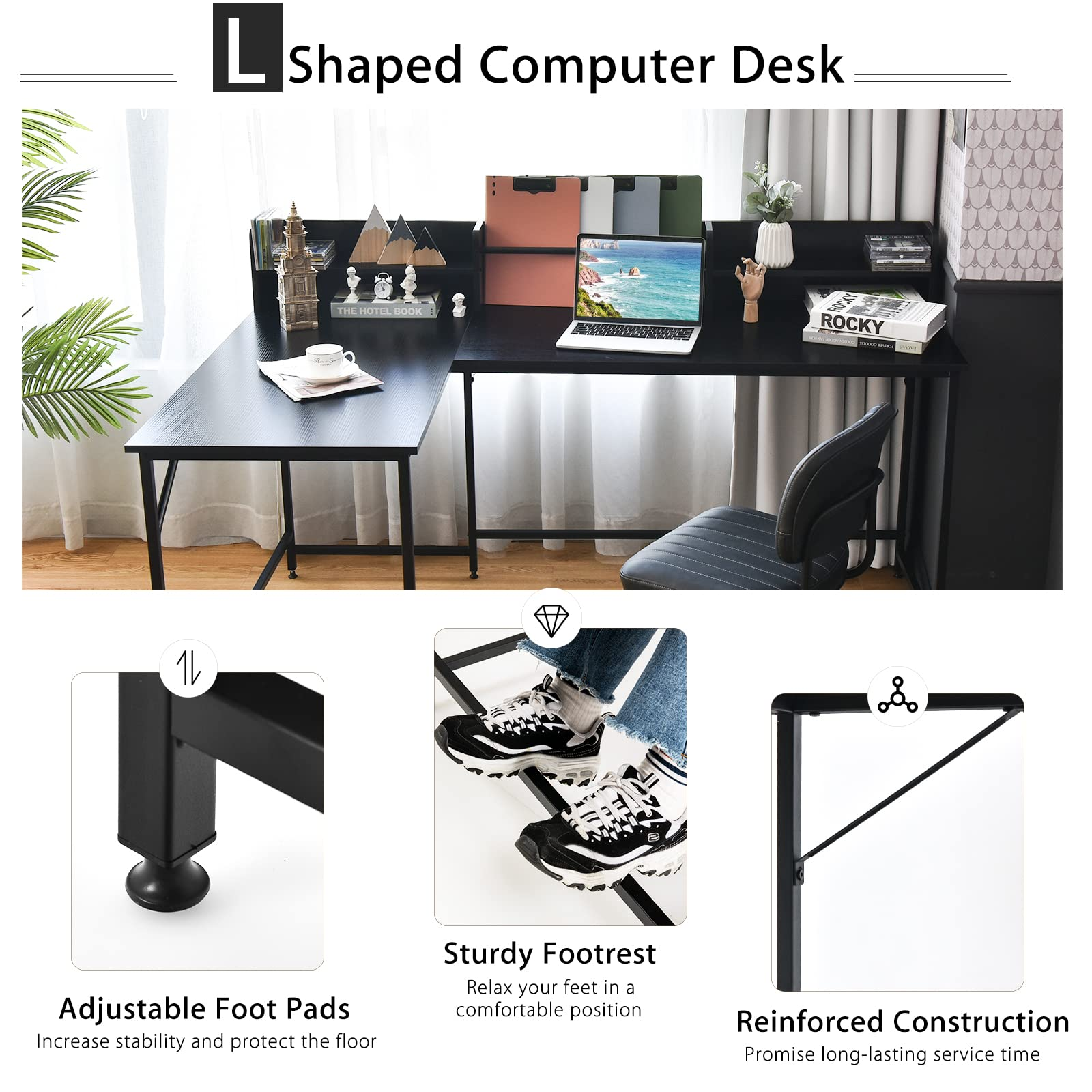 Tangkula 66.5 Inches L-Shaped Desk, Space Saving Corner Computer Desk with Hutch